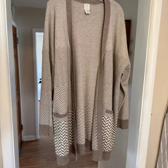 JOIE Cardigan Womens Large Tan Cheveron open front Long sleeves Sweater size 2X - Picture 4 of 7